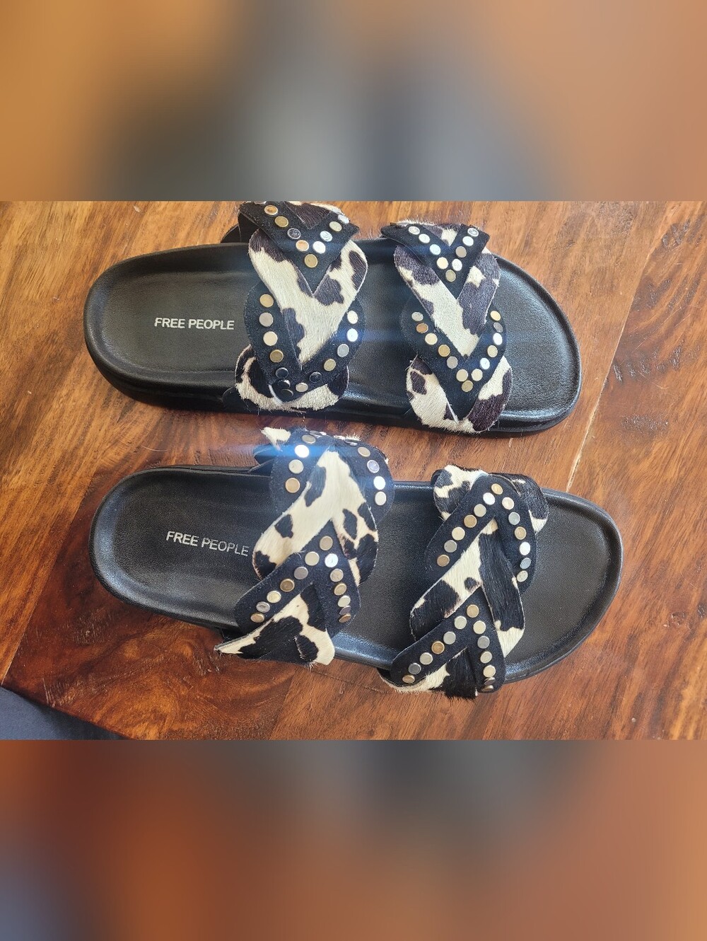Free People Black & White Cowhide Studded Slide Sandals
